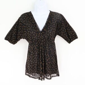 New York & Company Blouse Womens S Black Brown Polka Dots Lined‎ Stretch V-Neck